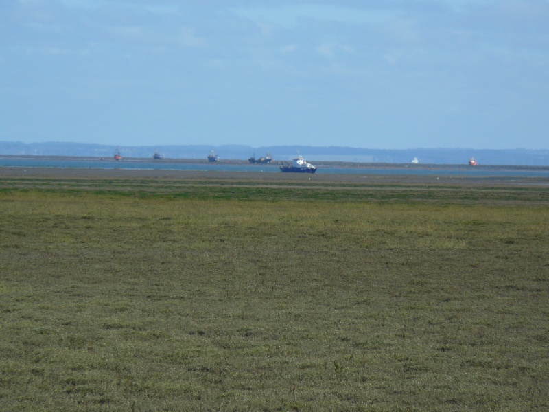 Select this image to see a larger version. Between Lincolnshire and Norfolk, is that the dredger heading towards The Haven or the River Welland? Are those fishing boats marooned on a sandbank or does it just look like that?